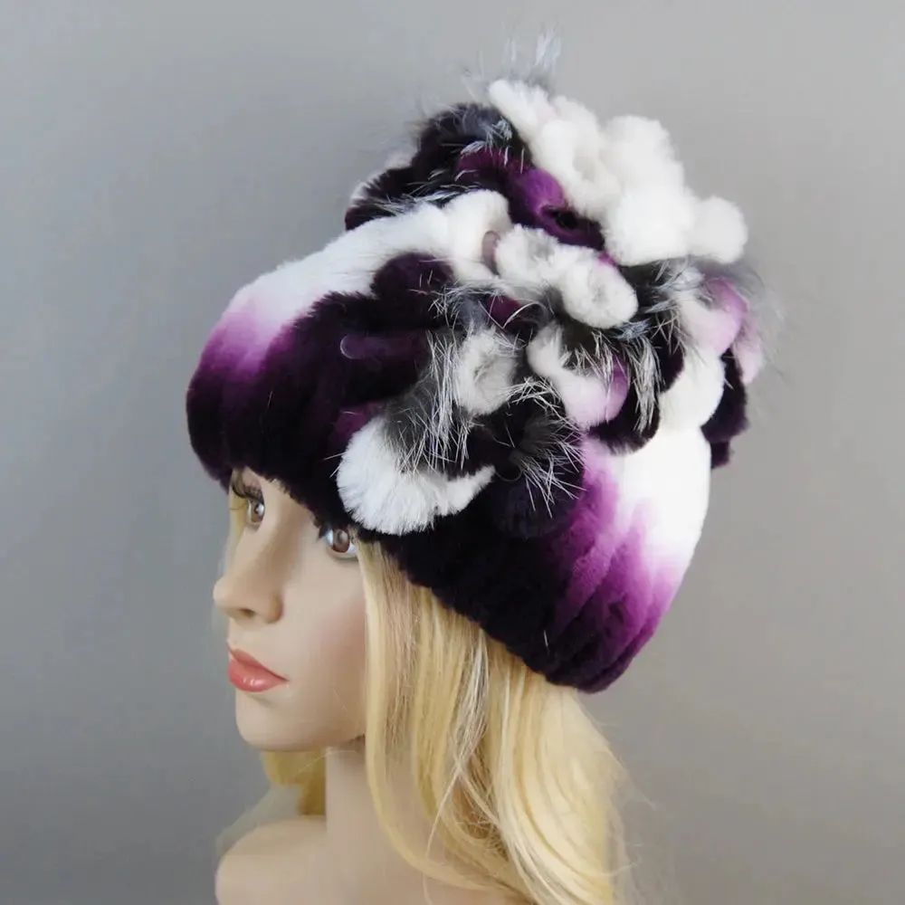 2024 Brand Women Genuine Rex Rabbit Fur Hats Winter Rex Rabbit Fur Beanies Striped Top Flower Fox Fur Warm Real Fur Knit Caps
