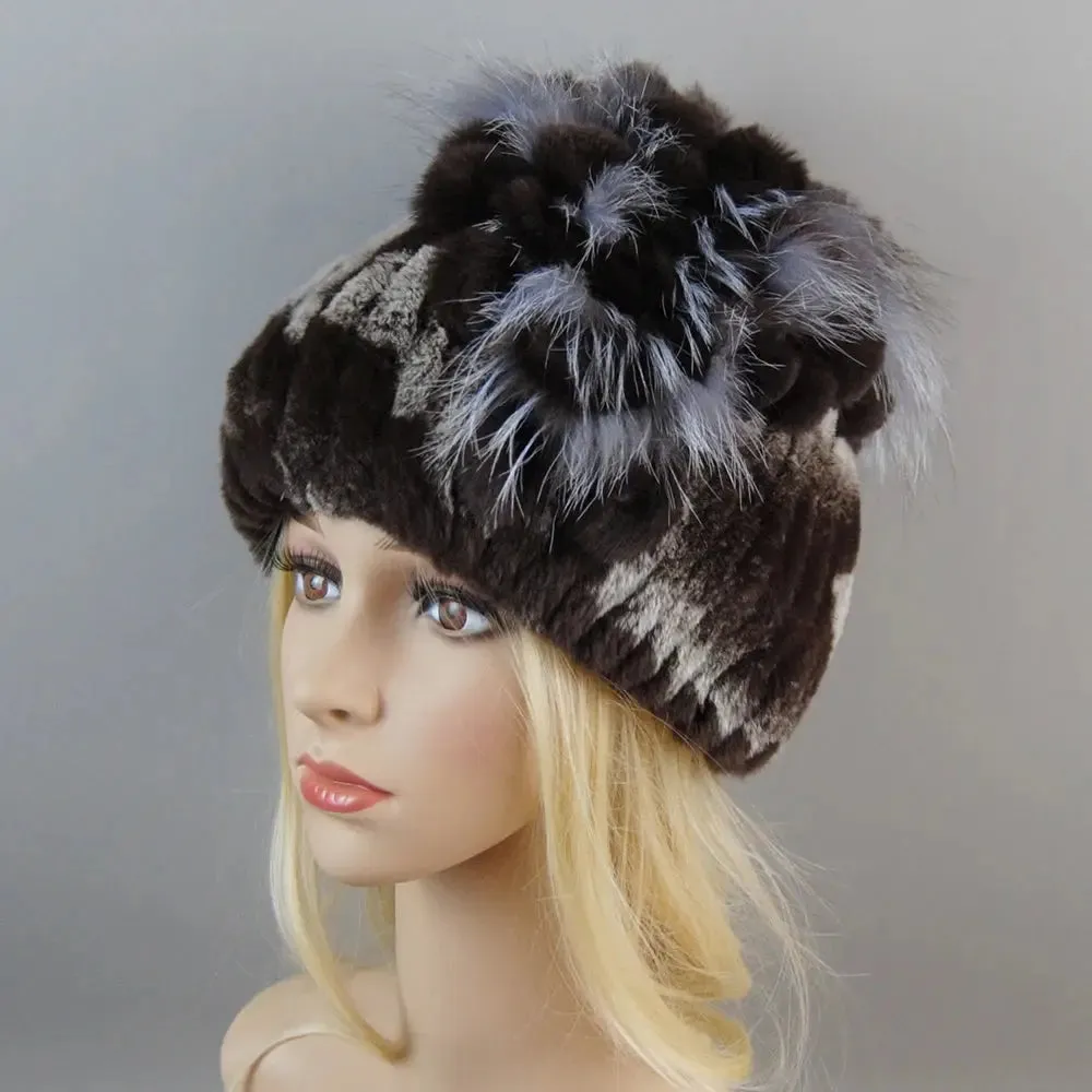 2024 Brand Women Genuine Rex Rabbit Fur Hats Winter Rex Rabbit Fur Beanies Striped Top Flower Fox Fur Warm Real Fur Knit Caps
