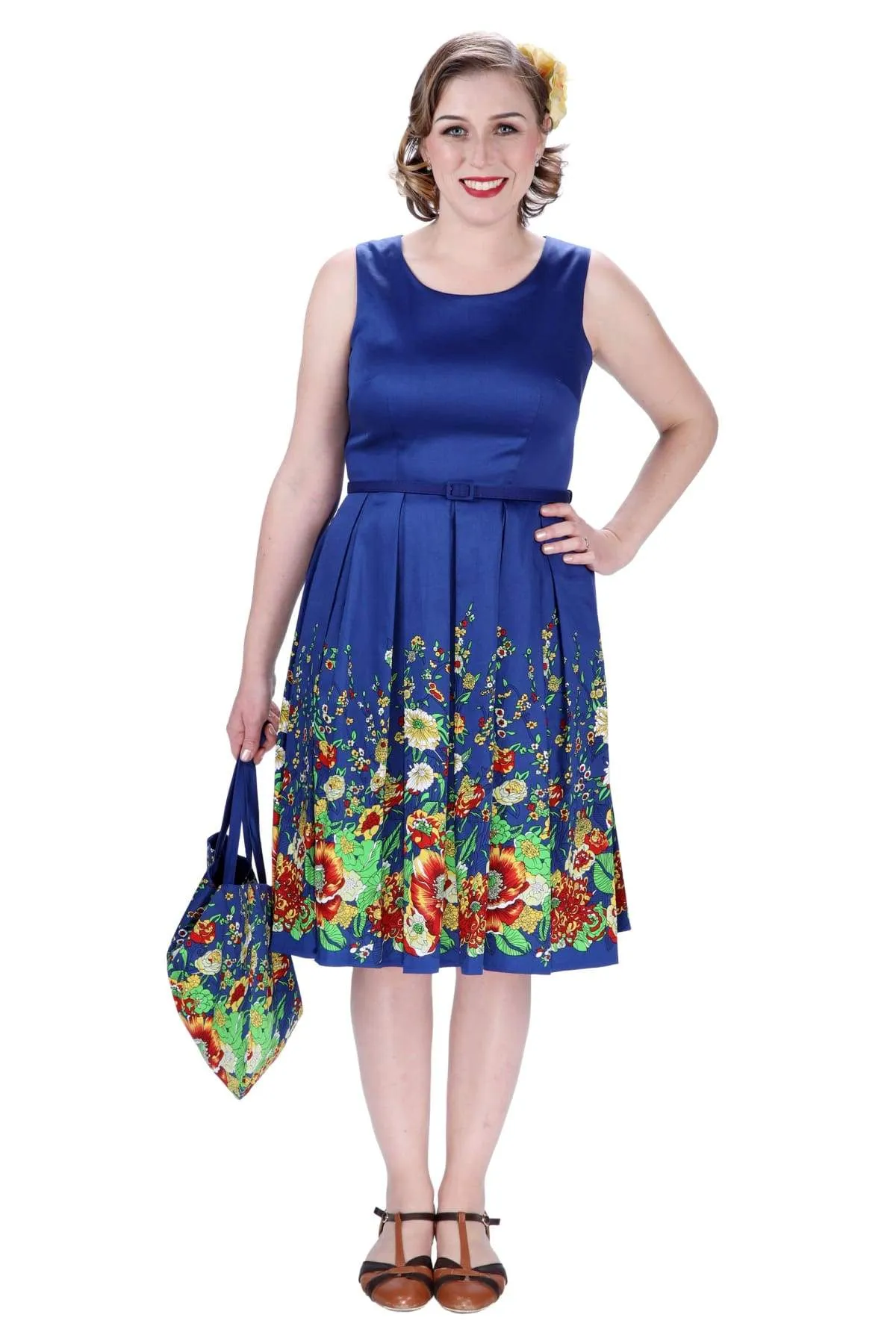 Blue Scoop Neck Box Pleated Field of Flowers