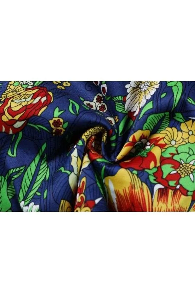 Blue Scoop Neck Box Pleated Field of Flowers