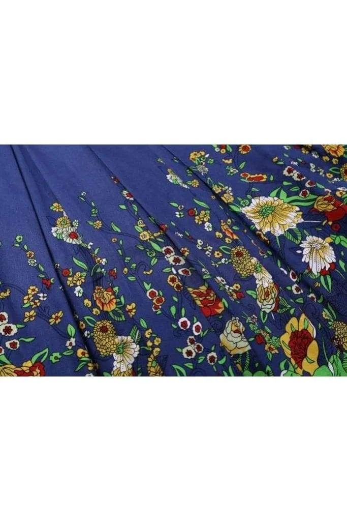 Blue Scoop Neck Box Pleated Field of Flowers
