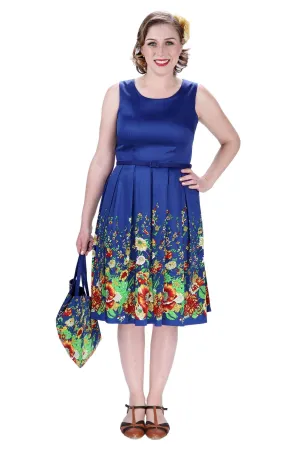 Blue Scoop Neck Box Pleated Field of Flowers