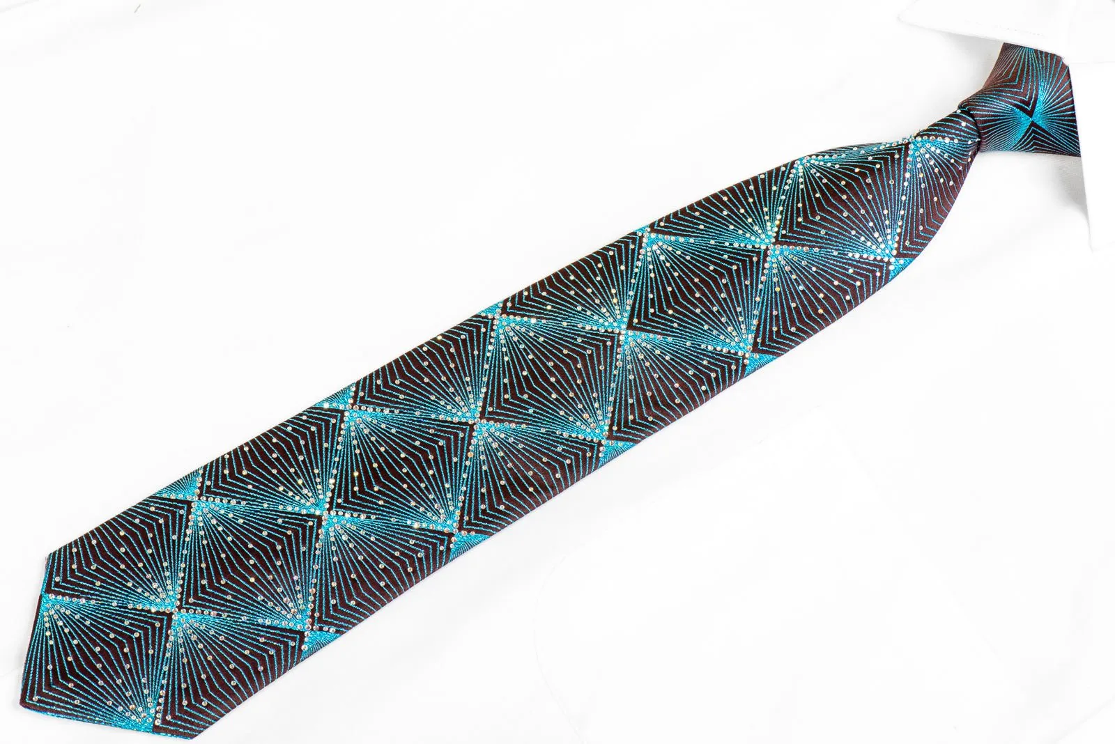Bruno Baffi Mens Silk Rhinestone Necktie Blue Geometric Lattice On Brown With Blue Sparkles