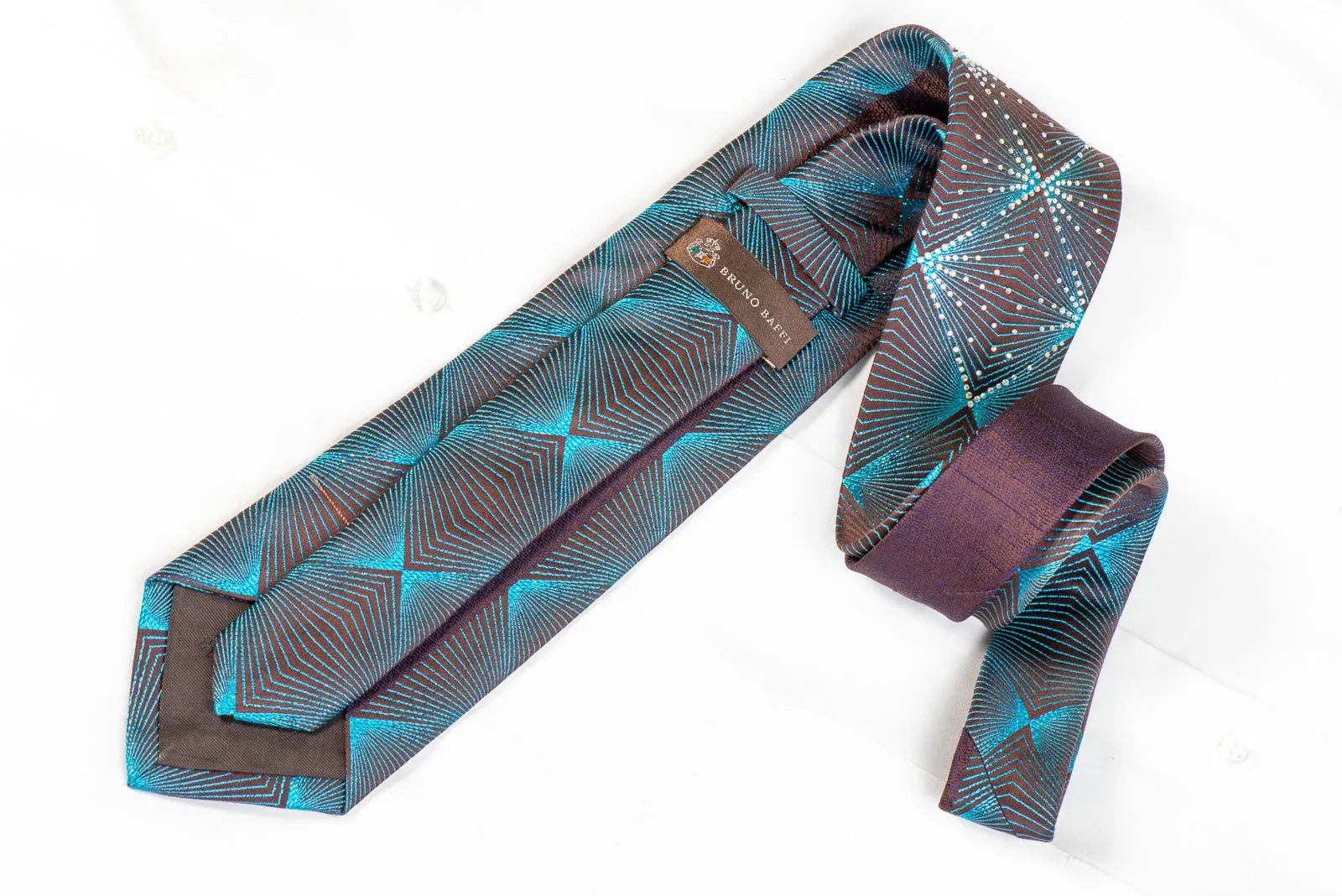 Bruno Baffi Mens Silk Rhinestone Necktie Blue Geometric Lattice On Brown With Blue Sparkles