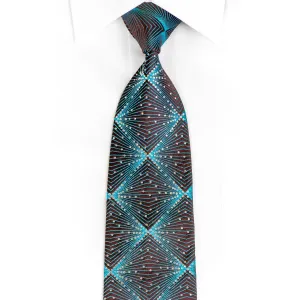 Bruno Baffi Mens Silk Rhinestone Necktie Blue Geometric Lattice On Brown With Blue Sparkles