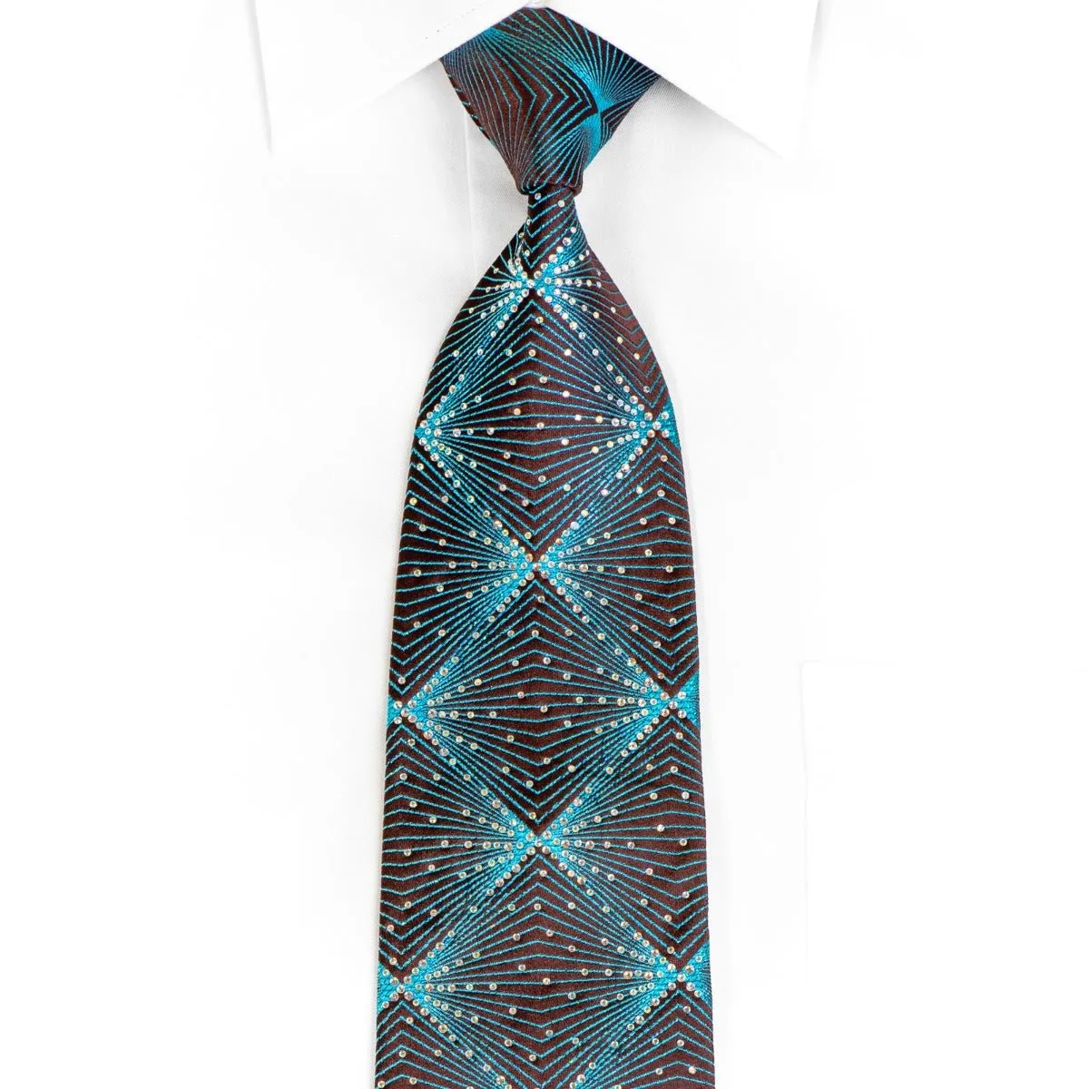 Bruno Baffi Mens Silk Rhinestone Necktie Blue Geometric Lattice On Brown With Blue Sparkles