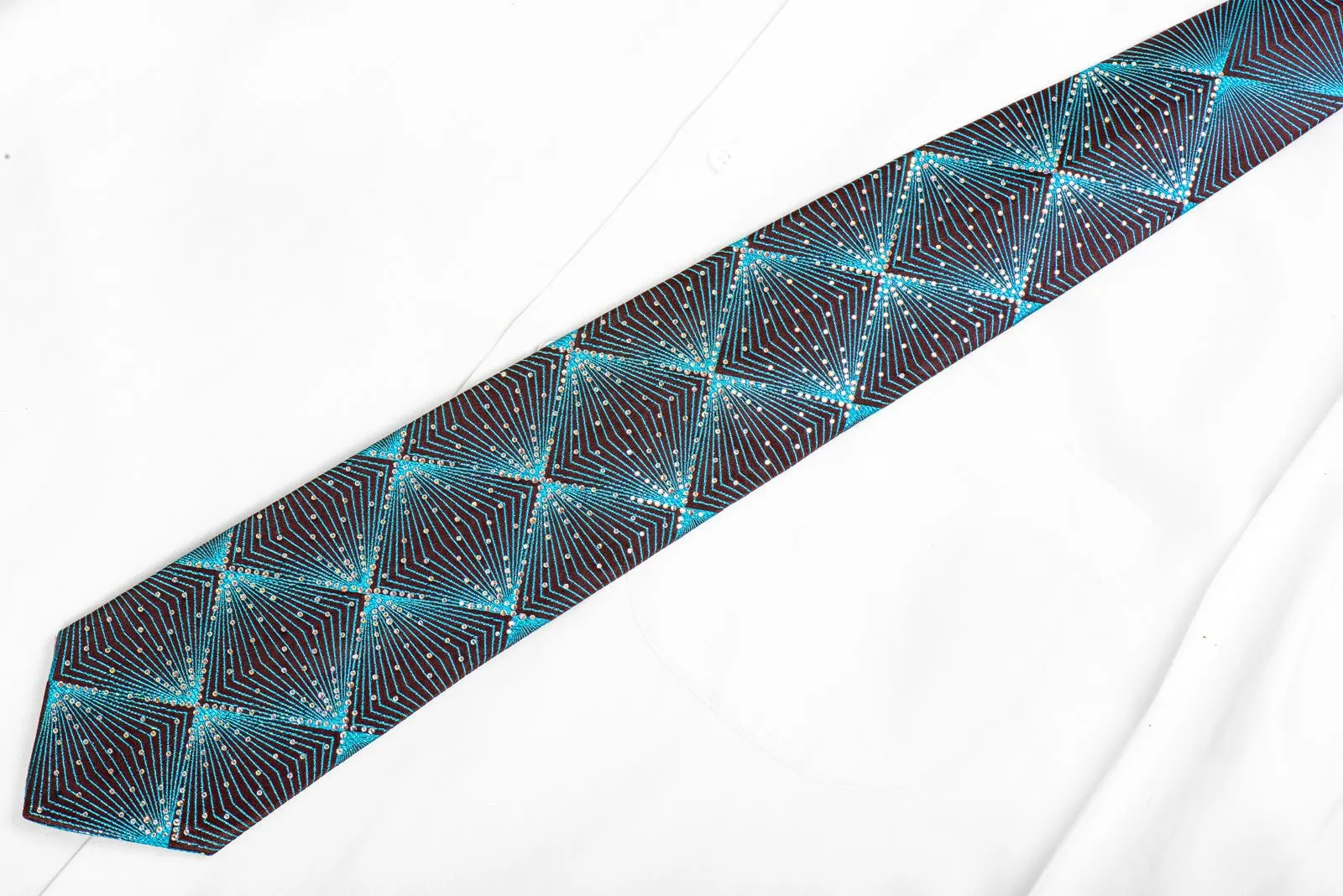 Bruno Baffi Mens Silk Rhinestone Necktie Blue Geometric Lattice On Brown With Blue Sparkles
