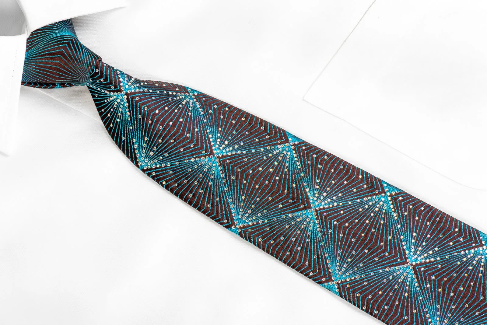 Bruno Baffi Mens Silk Rhinestone Necktie Blue Geometric Lattice On Brown With Blue Sparkles