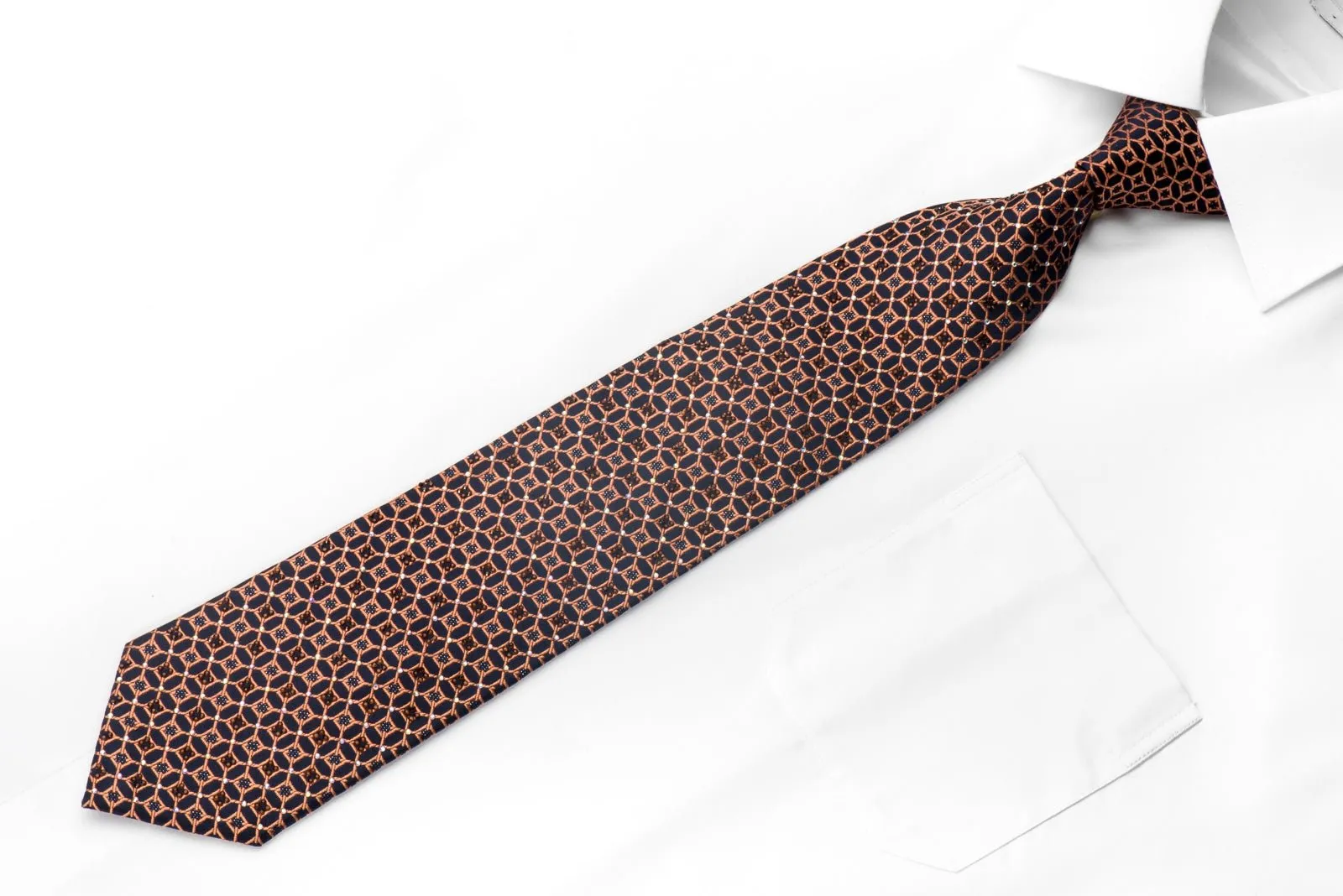 Christian Lacroix Men's Rhinestone Silk Necktie Orange Trellis On Navy With Silver Sparkles