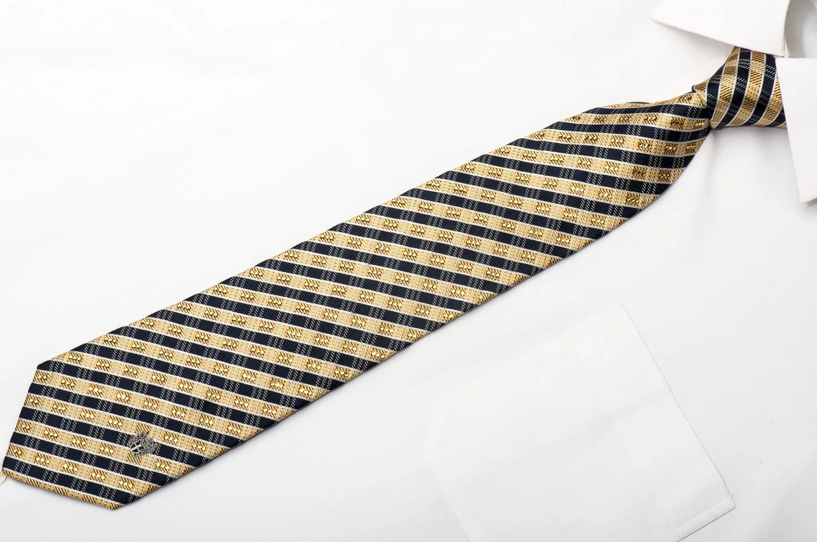 Daks Men's Silk Necktie Gold Navy Striped Sparkling With Rhinestones And Gold Sparkles