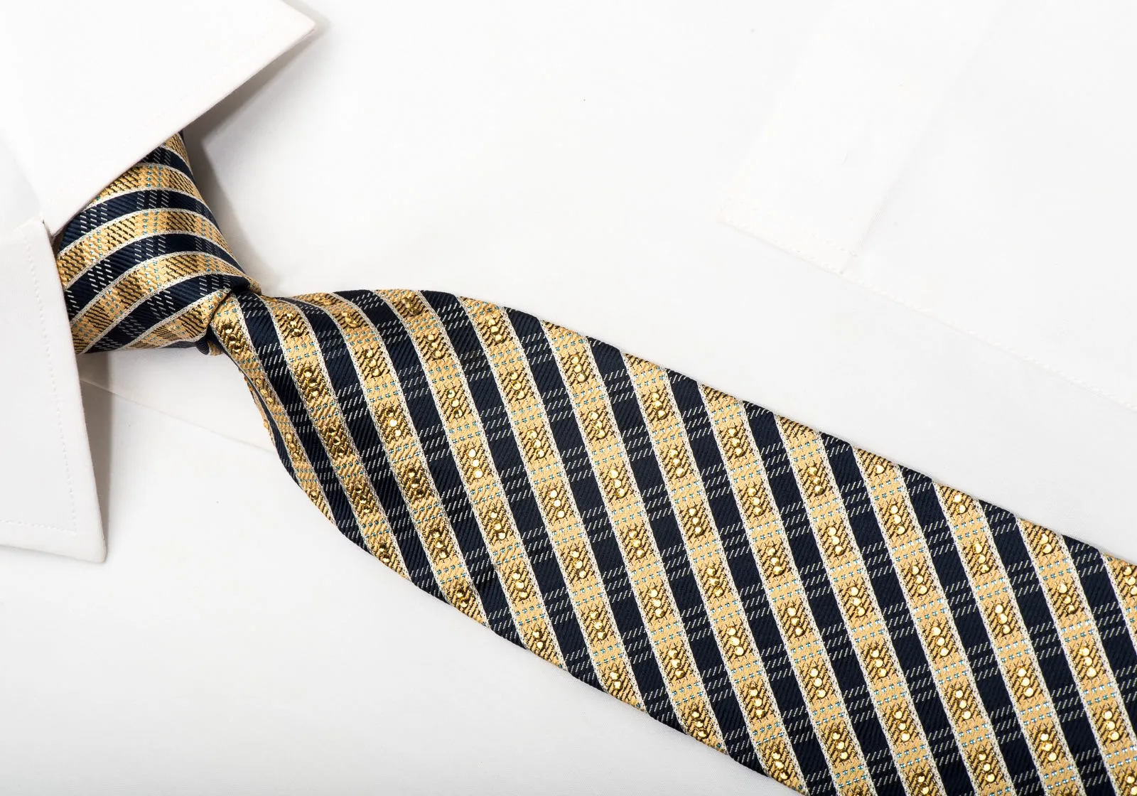 Daks Men's Silk Necktie Gold Navy Striped Sparkling With Rhinestones And Gold Sparkles