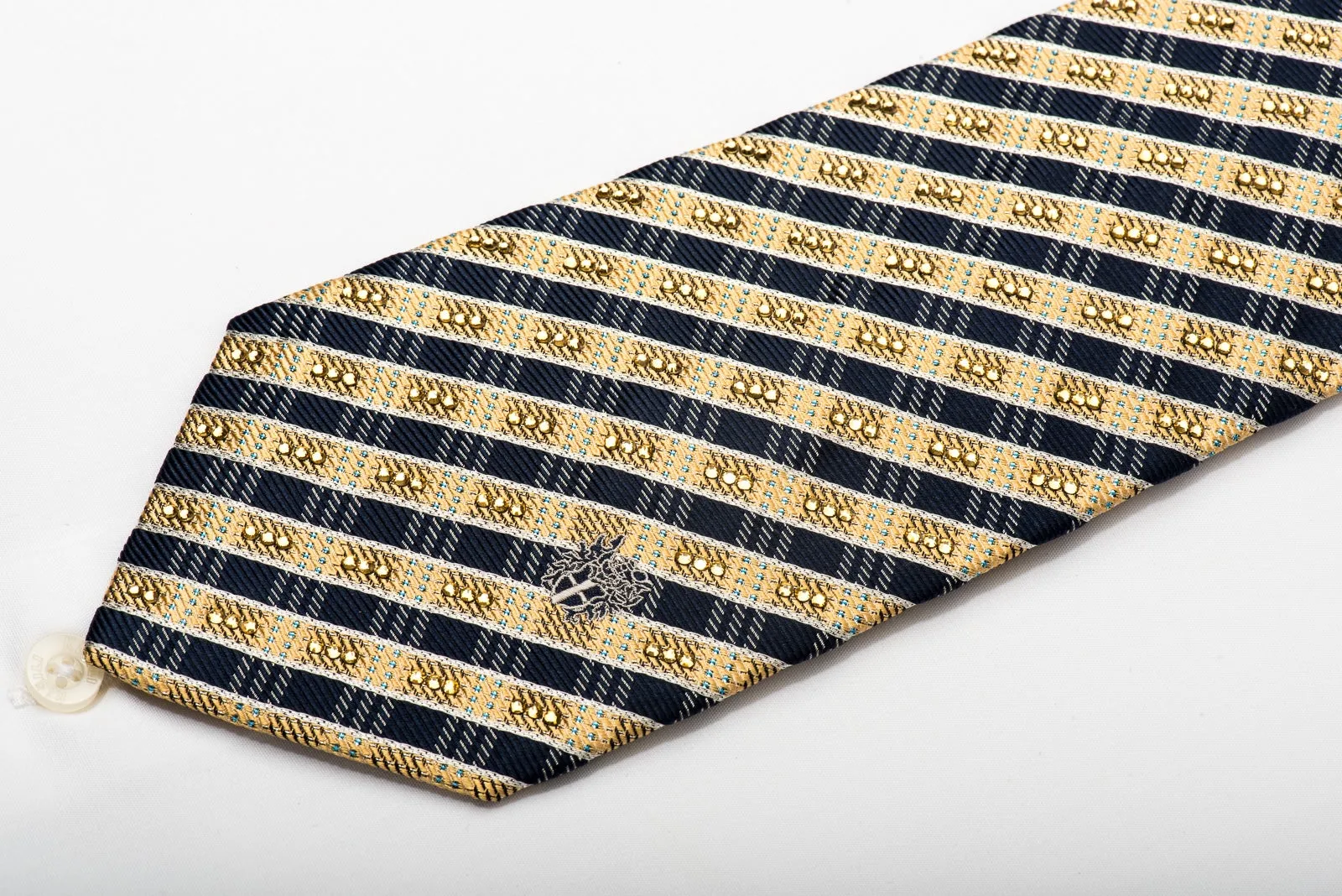 Daks Men's Silk Necktie Gold Navy Striped Sparkling With Rhinestones And Gold Sparkles