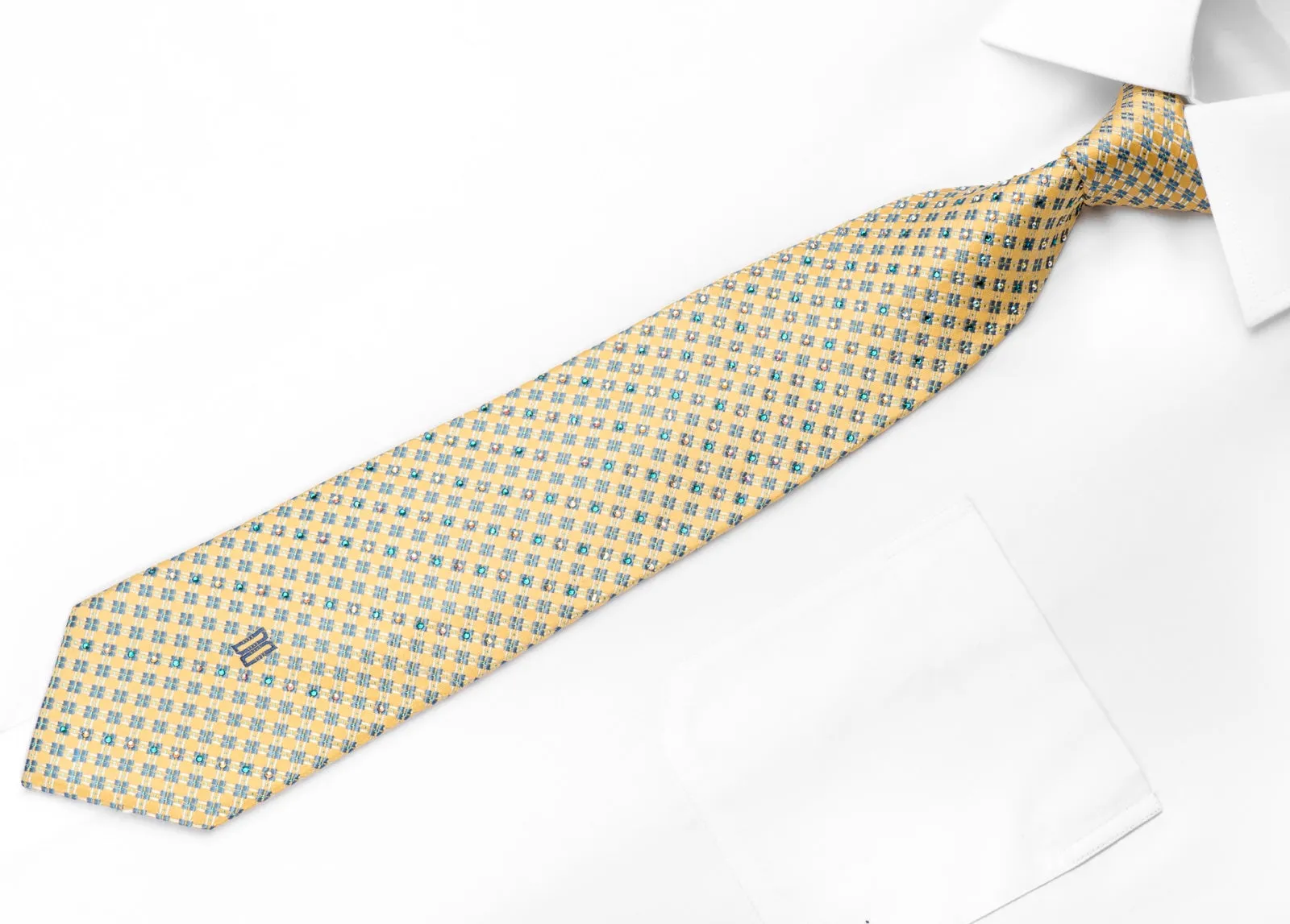 Daks Men's Silk Rhinestone Necktie Trellis On Yellow With Sparkles