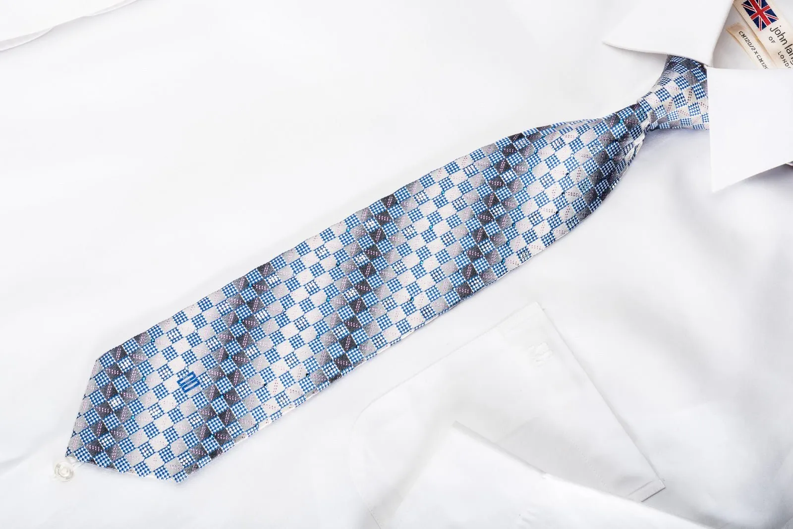 Daks Rhinestone Silk Necktie Blue Checker On Silver With Gold Sparkles