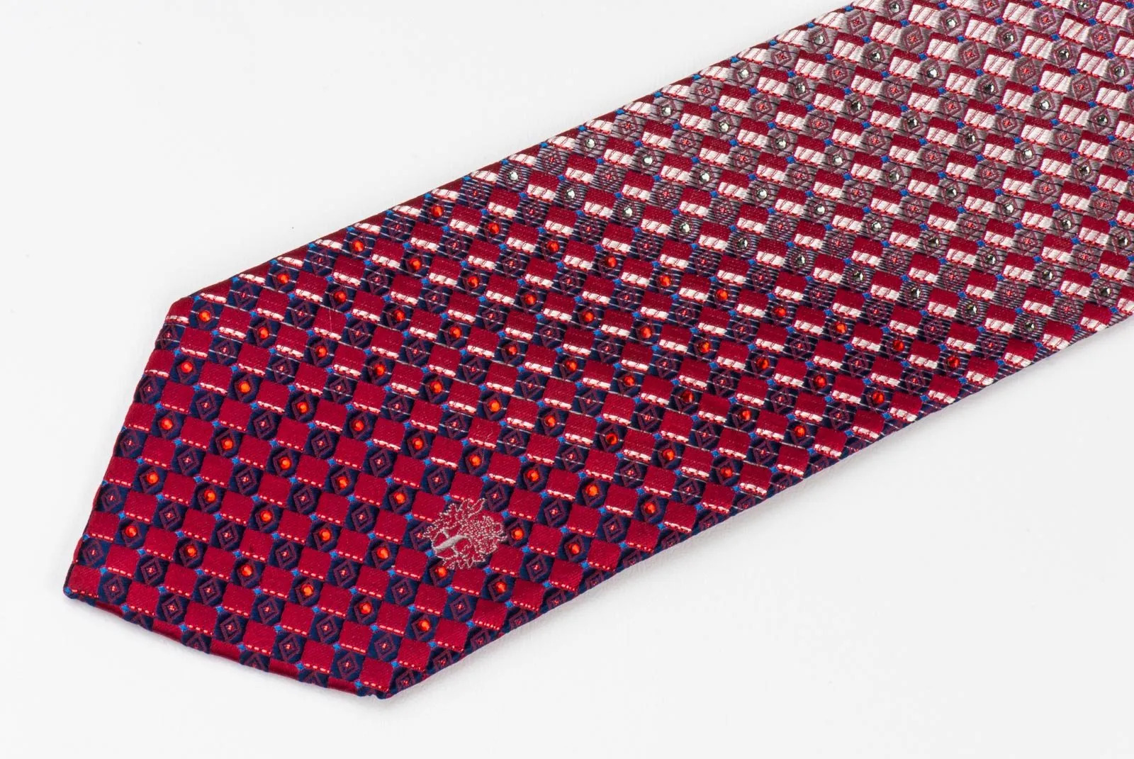 Daks Silk Necktie Burgundy Beige Checked Design With Red Sparkles & Rhinestones