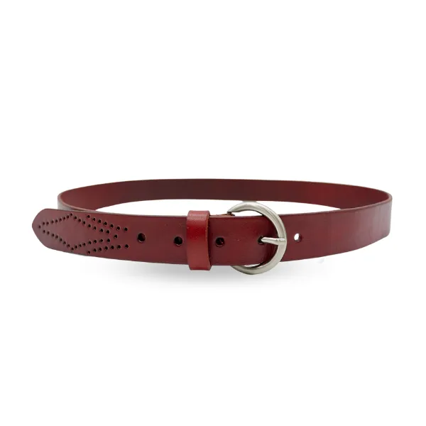 ESPERANCE - Women's Burgundy Genuine Leather Belt with Round Silver Buckle