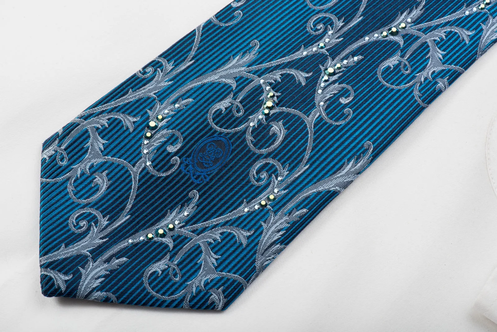 Guy Laroche Silk Tie Silver Filigree On Blue Sparkling With Rhinestones