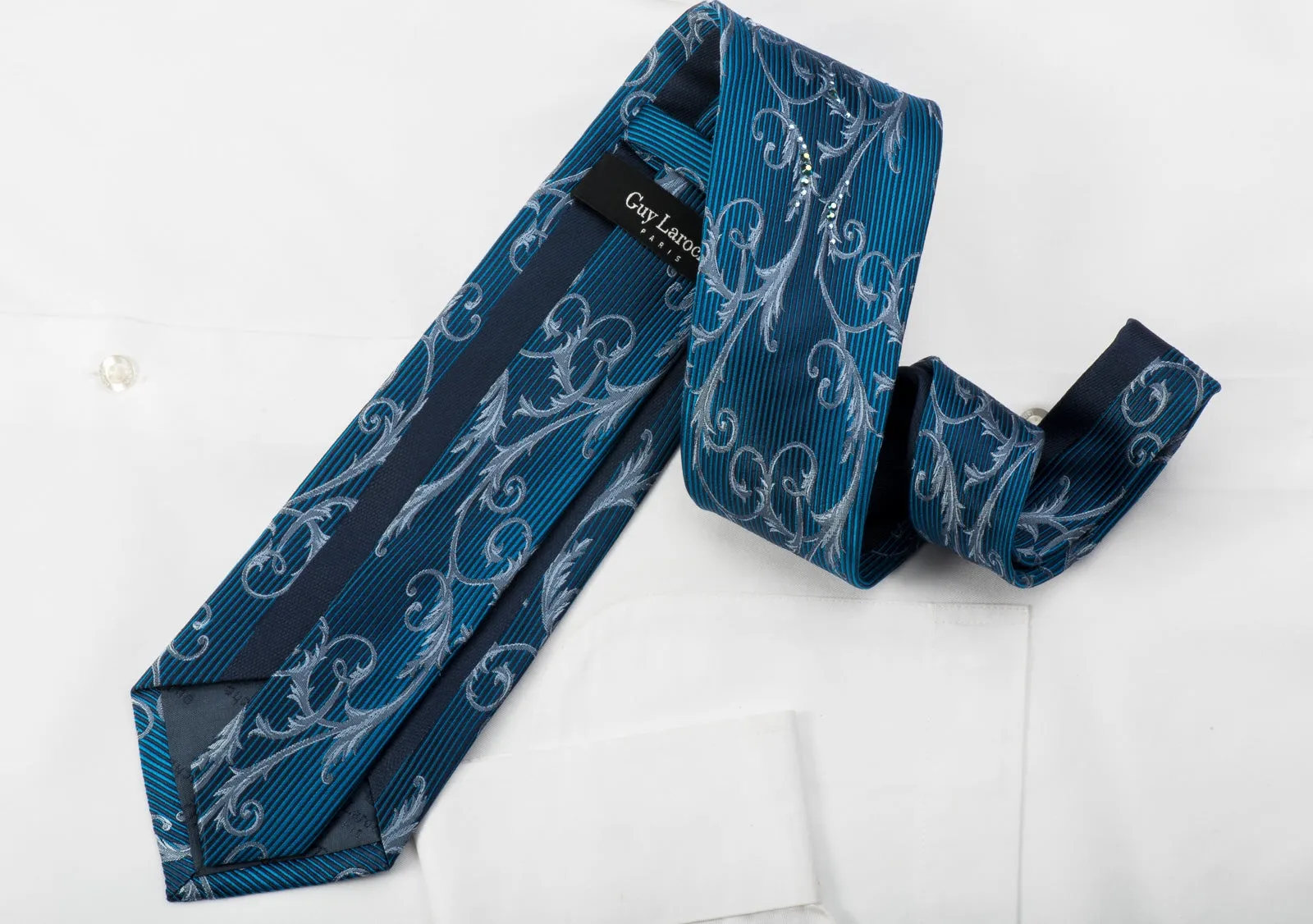 Guy Laroche Silk Tie Silver Filigree On Blue Sparkling With Rhinestones
