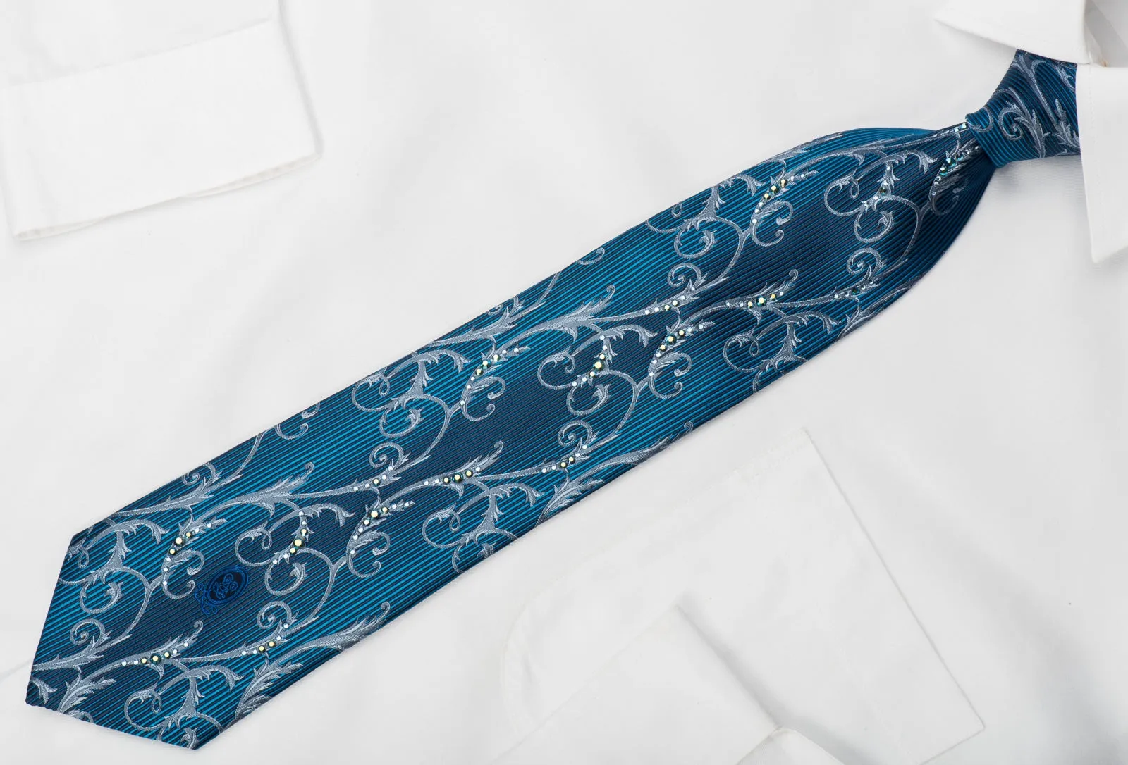 Guy Laroche Silk Tie Silver Filigree On Blue Sparkling With Rhinestones