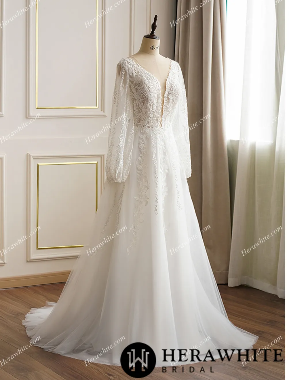 Lace Long Sleeve Plunging Neckline Wedding Dress