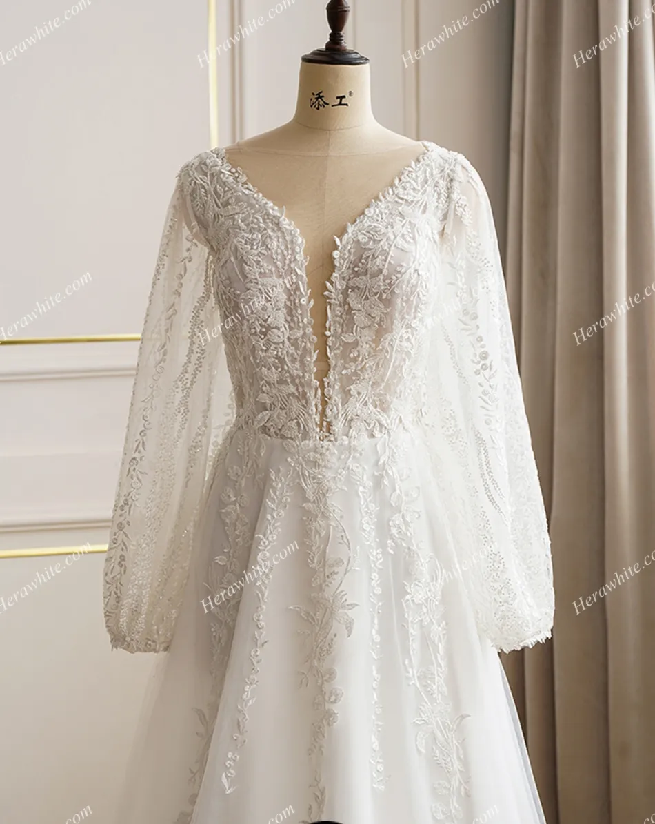 Lace Long Sleeve Plunging Neckline Wedding Dress