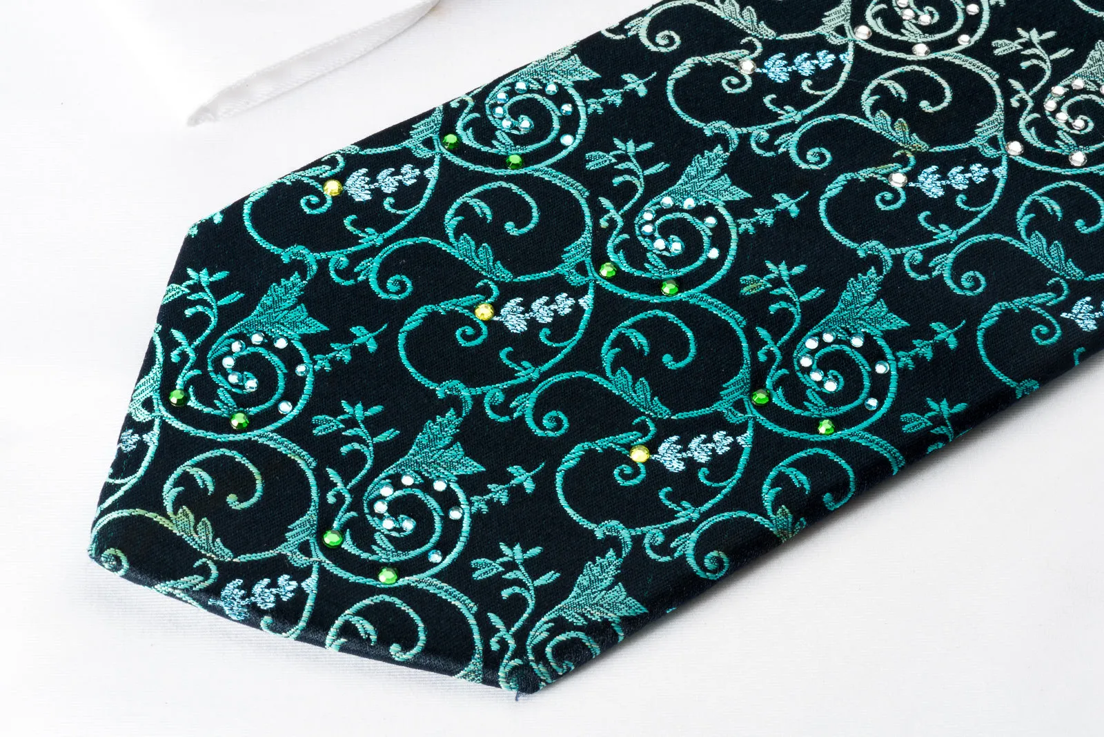 Lancetti Silk Tie Turquoise Vines On Blue With Emerald Crystal Rhinestones & Sparkles