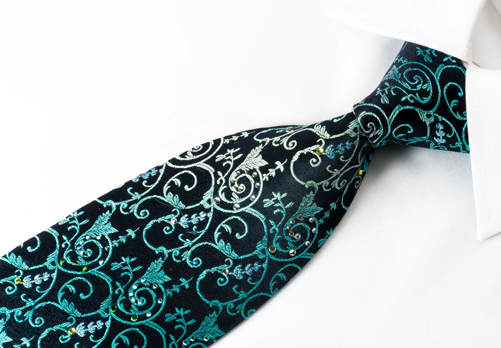 Lancetti Silk Tie Turquoise Vines On Blue With Emerald Crystal Rhinestones & Sparkles