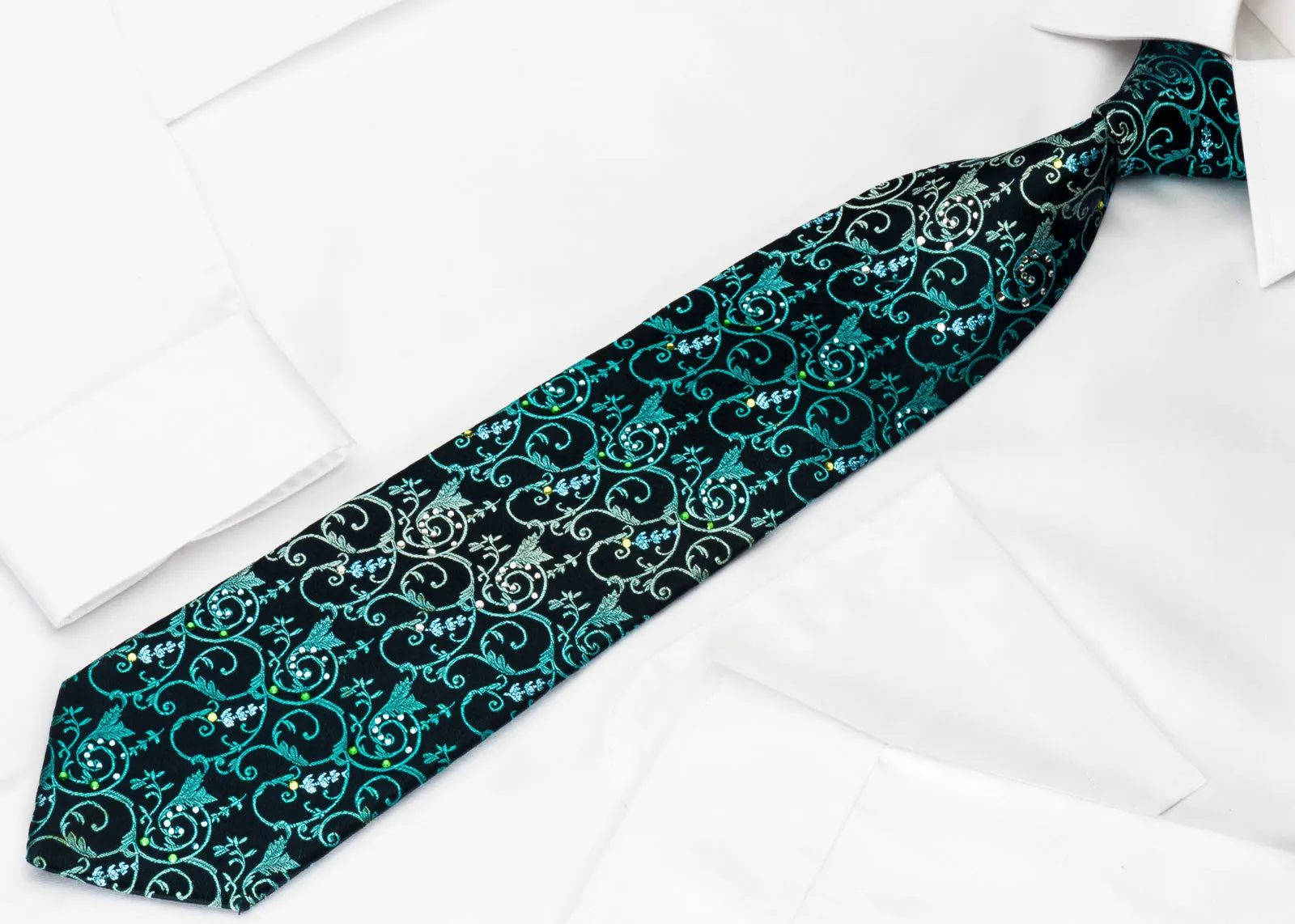 Lancetti Silk Tie Turquoise Vines On Blue With Emerald Crystal Rhinestones & Sparkles