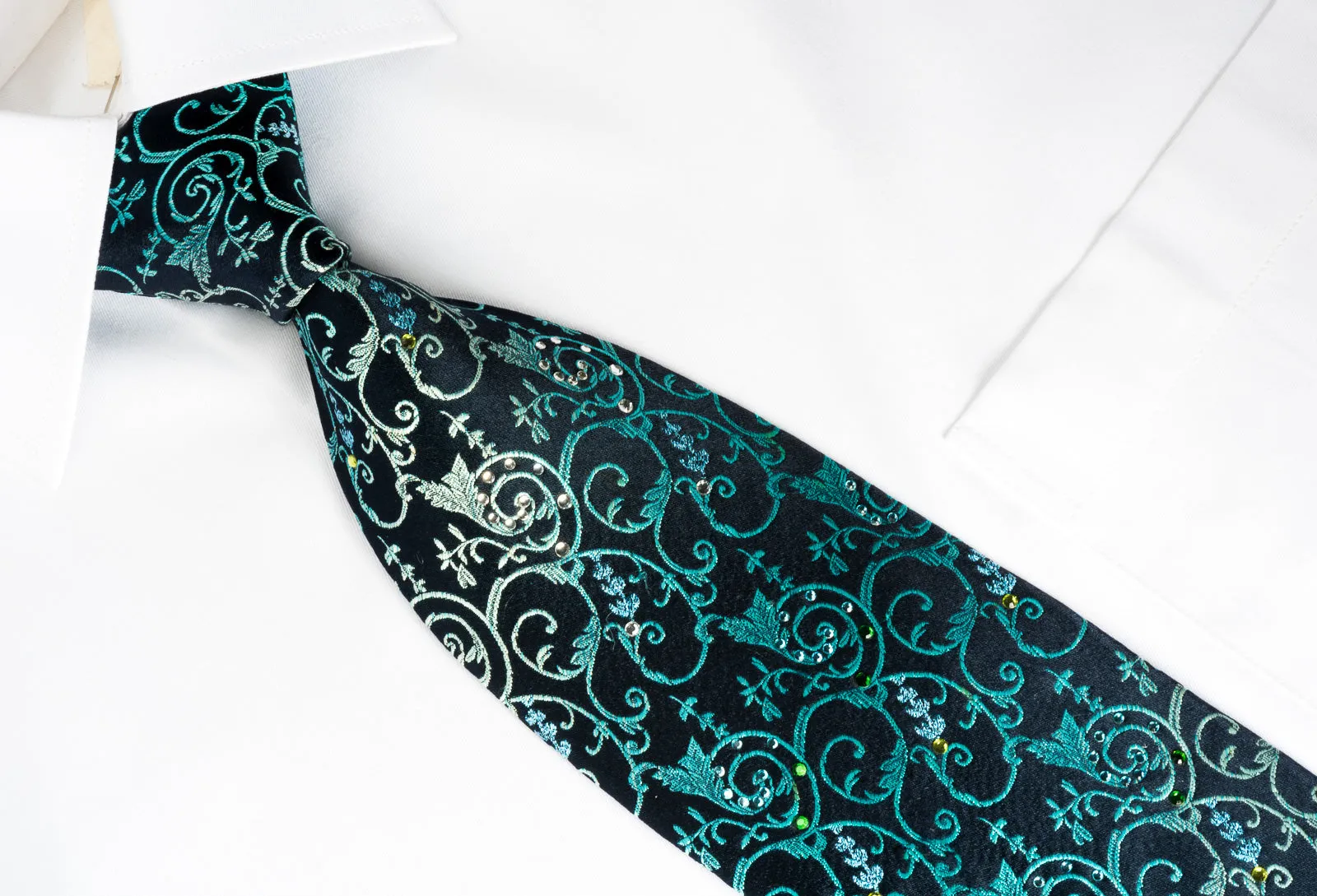 Lancetti Silk Tie Turquoise Vines On Blue With Emerald Crystal Rhinestones & Sparkles