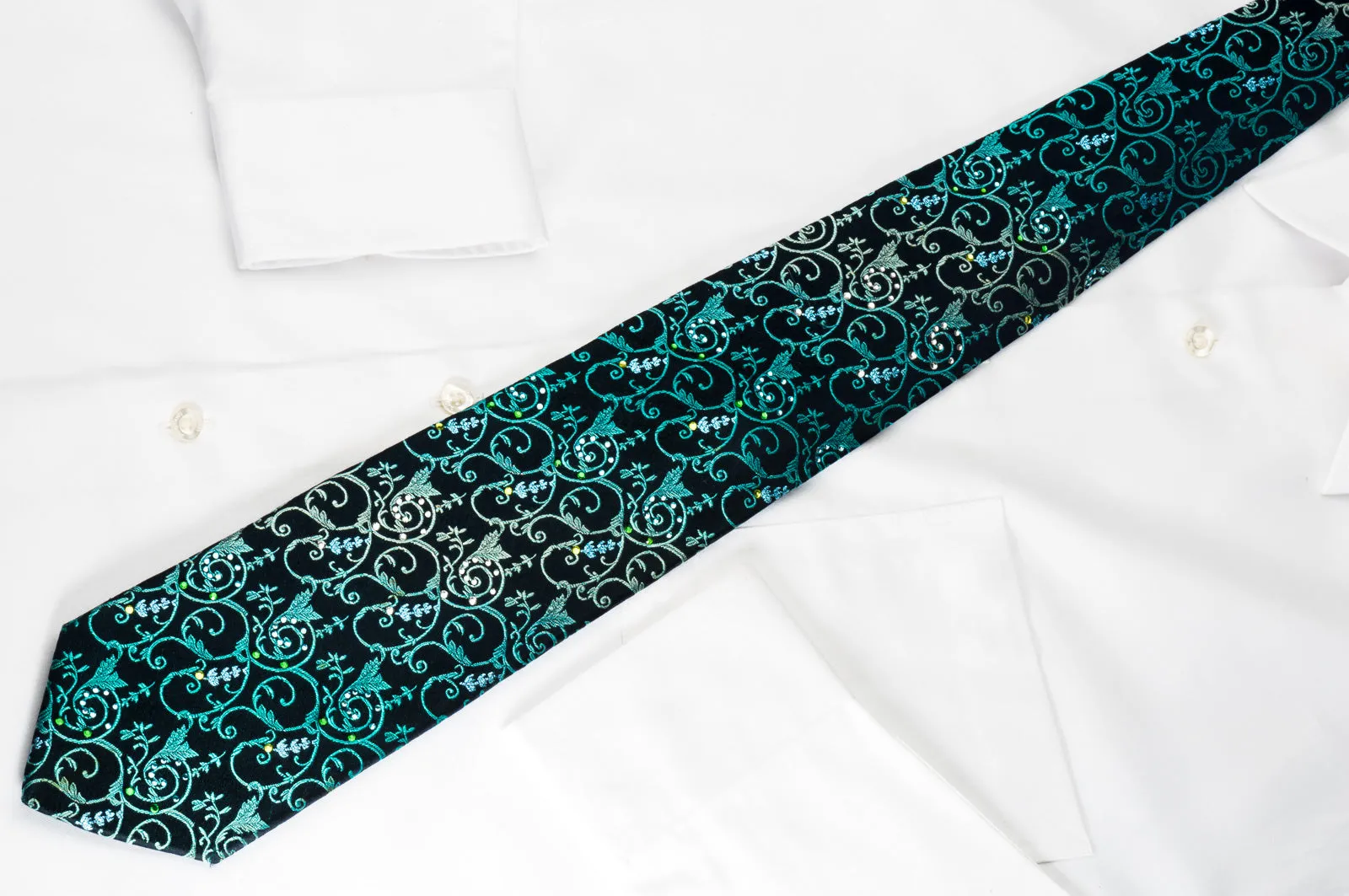 Lancetti Silk Tie Turquoise Vines On Blue With Emerald Crystal Rhinestones & Sparkles
