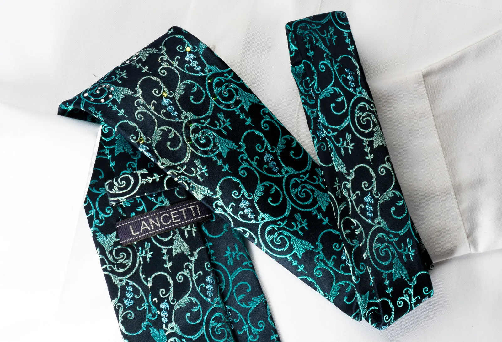Lancetti Silk Tie Turquoise Vines On Blue With Emerald Crystal Rhinestones & Sparkles