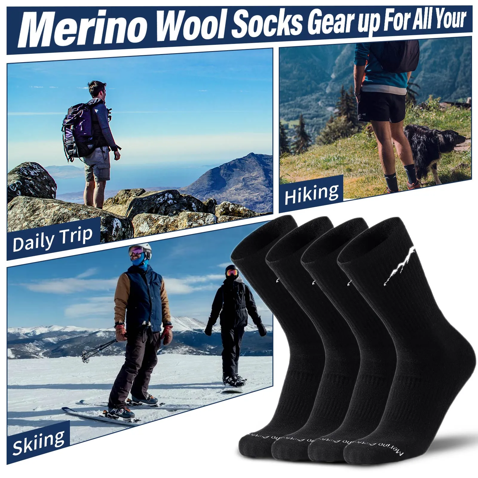 Men's Merino Hike Crew Socks Black - 4 Pairs
