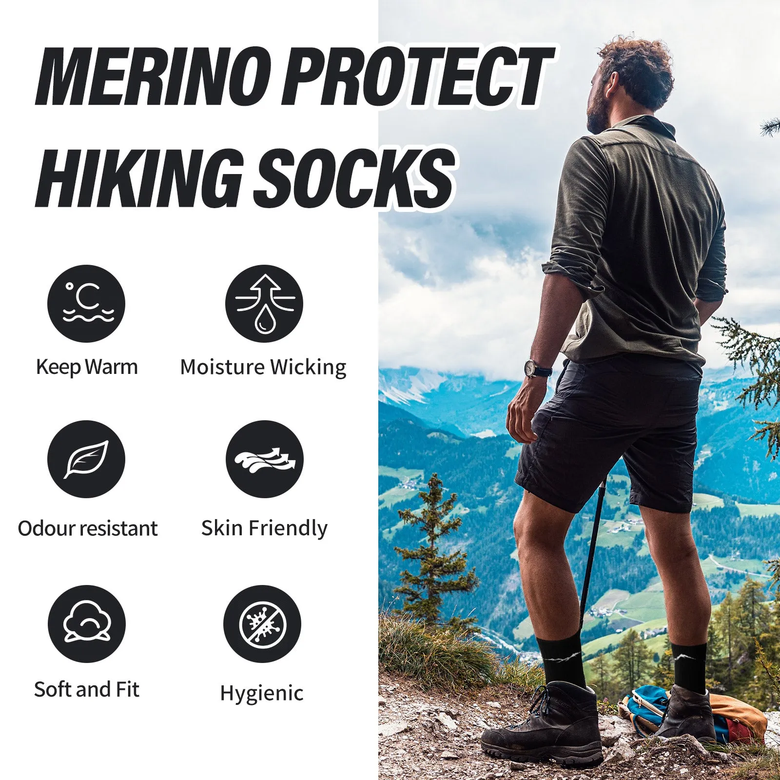 Men's Merino Hike Crew Socks Black Grey - 4 Pairs