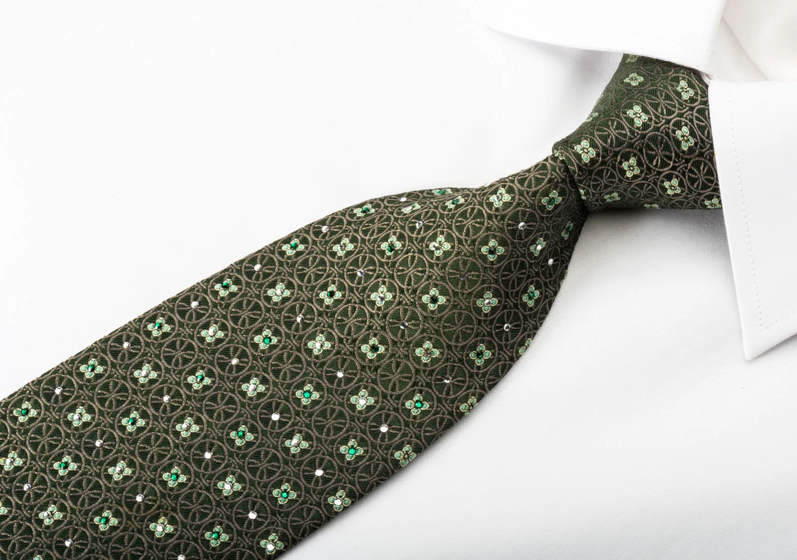 Nina Ricci Rhinestone Necktie Floral & Geometric Circles On Green Silk