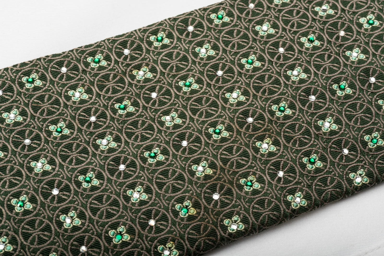 Nina Ricci Rhinestone Necktie Floral & Geometric Circles On Green Silk
