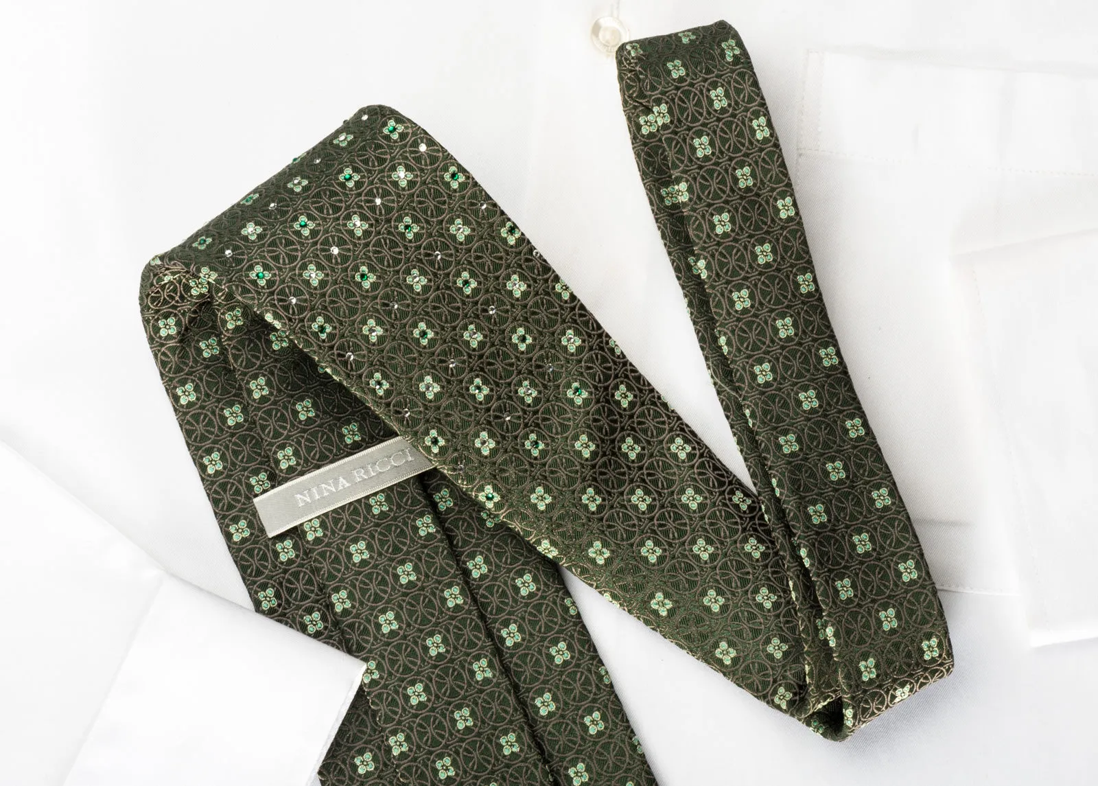 Nina Ricci Rhinestone Necktie Floral & Geometric Circles On Green Silk