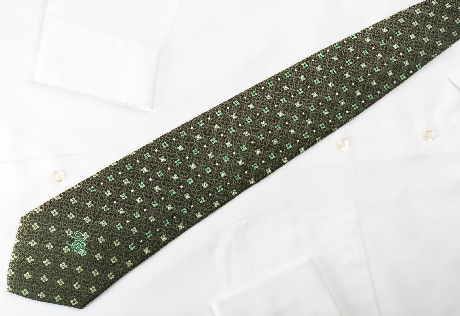 Nina Ricci Rhinestone Necktie Floral & Geometric Circles On Green Silk