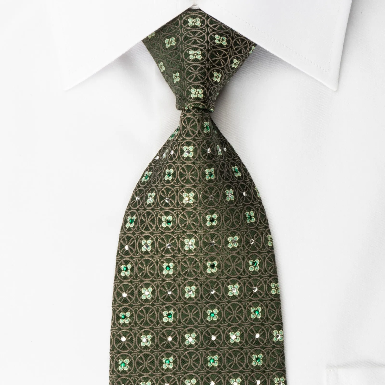 Nina Ricci Rhinestone Necktie Floral & Geometric Circles On Green Silk