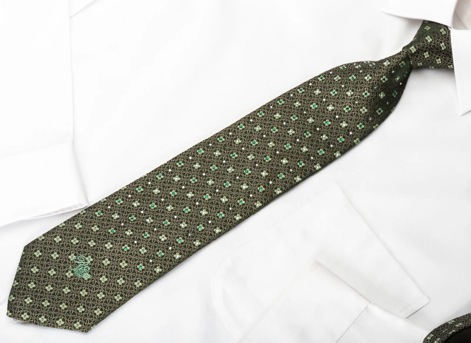 Nina Ricci Rhinestone Necktie Floral & Geometric Circles On Green Silk