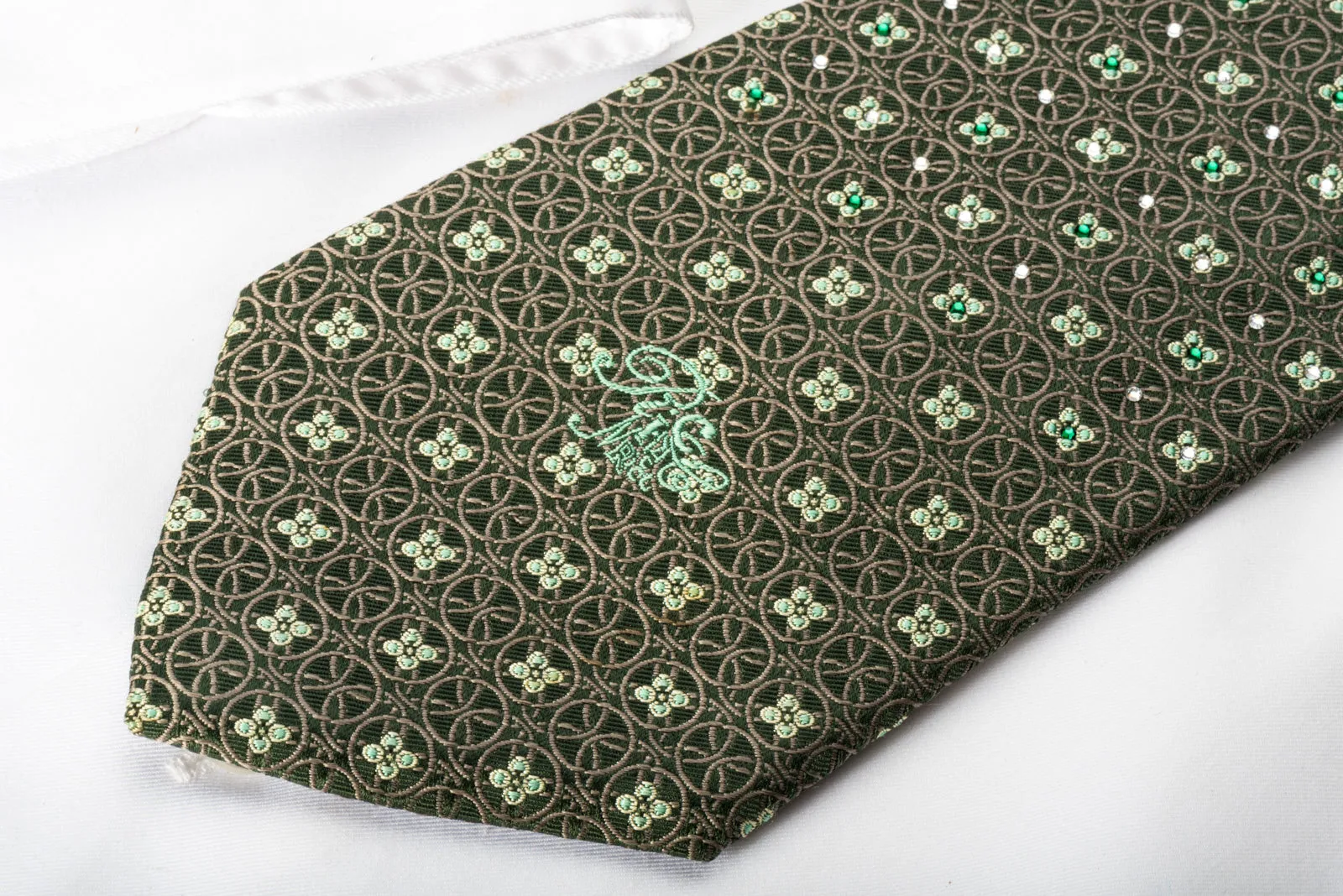 Nina Ricci Rhinestone Necktie Floral & Geometric Circles On Green Silk