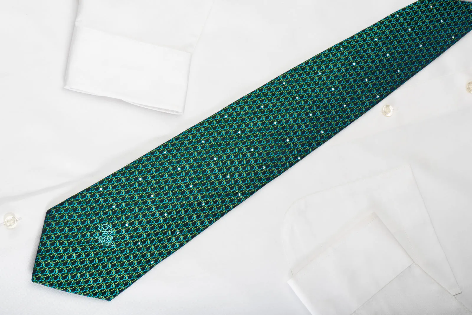 Nina Ricci Silk Tie Chainmail On Green With Rhinestones