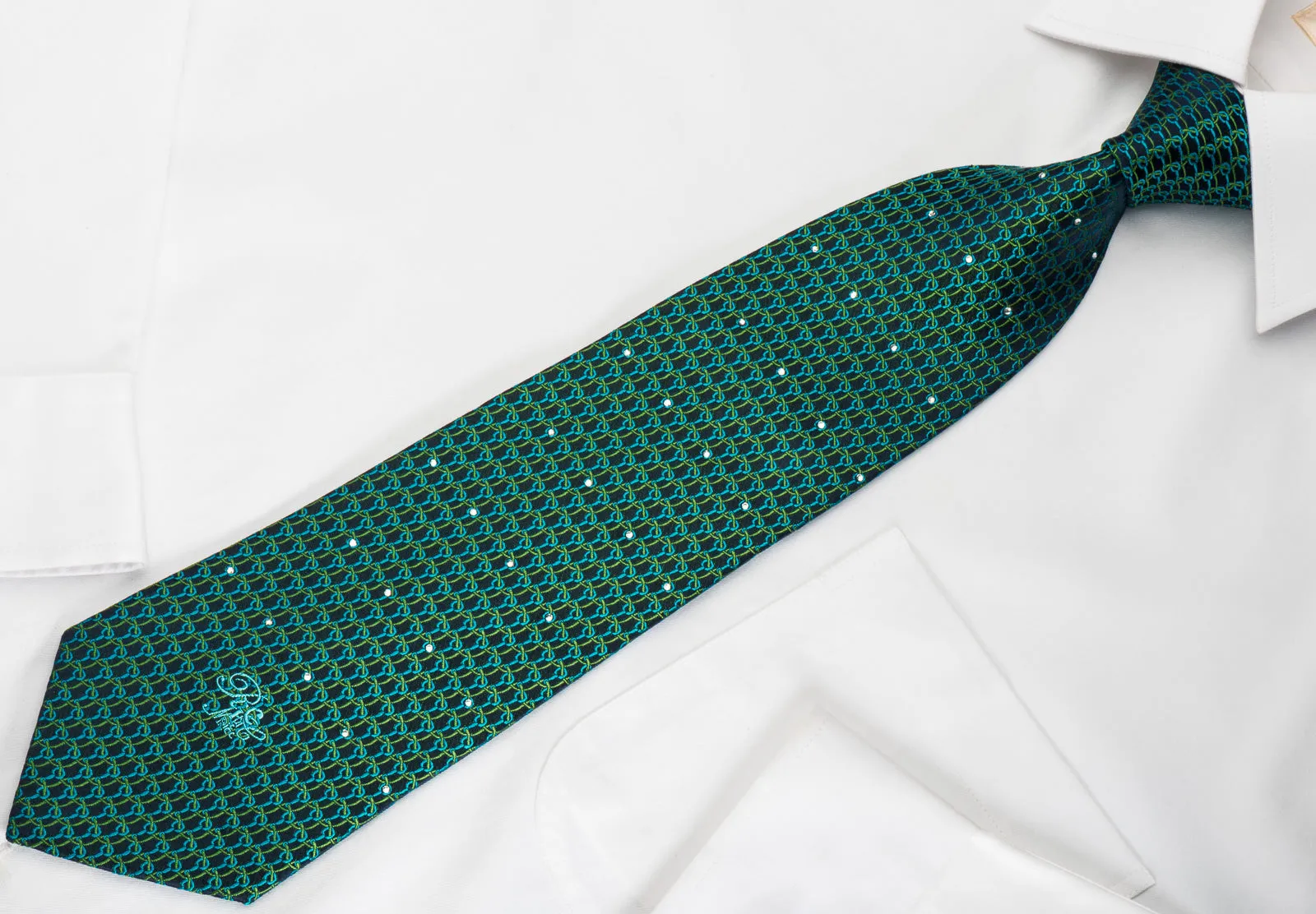 Nina Ricci Silk Tie Chainmail On Green With Rhinestones