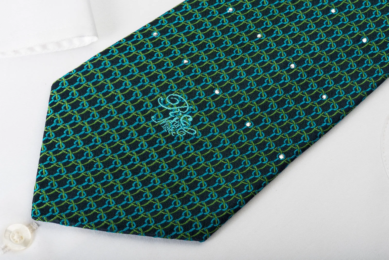 Nina Ricci Silk Tie Chainmail On Green With Rhinestones