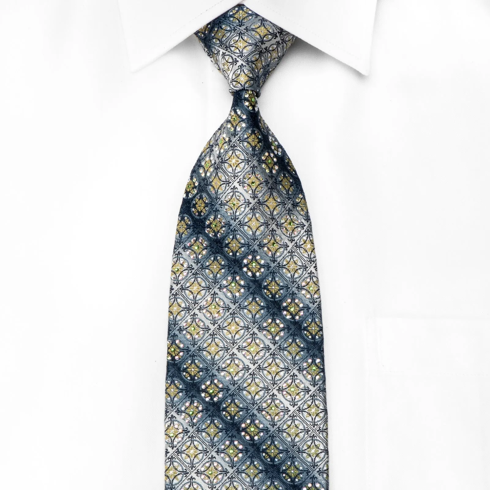 Park Land Men's Crystal Necktie Green Blue Cartouche Geometric On Silver With Sparkles