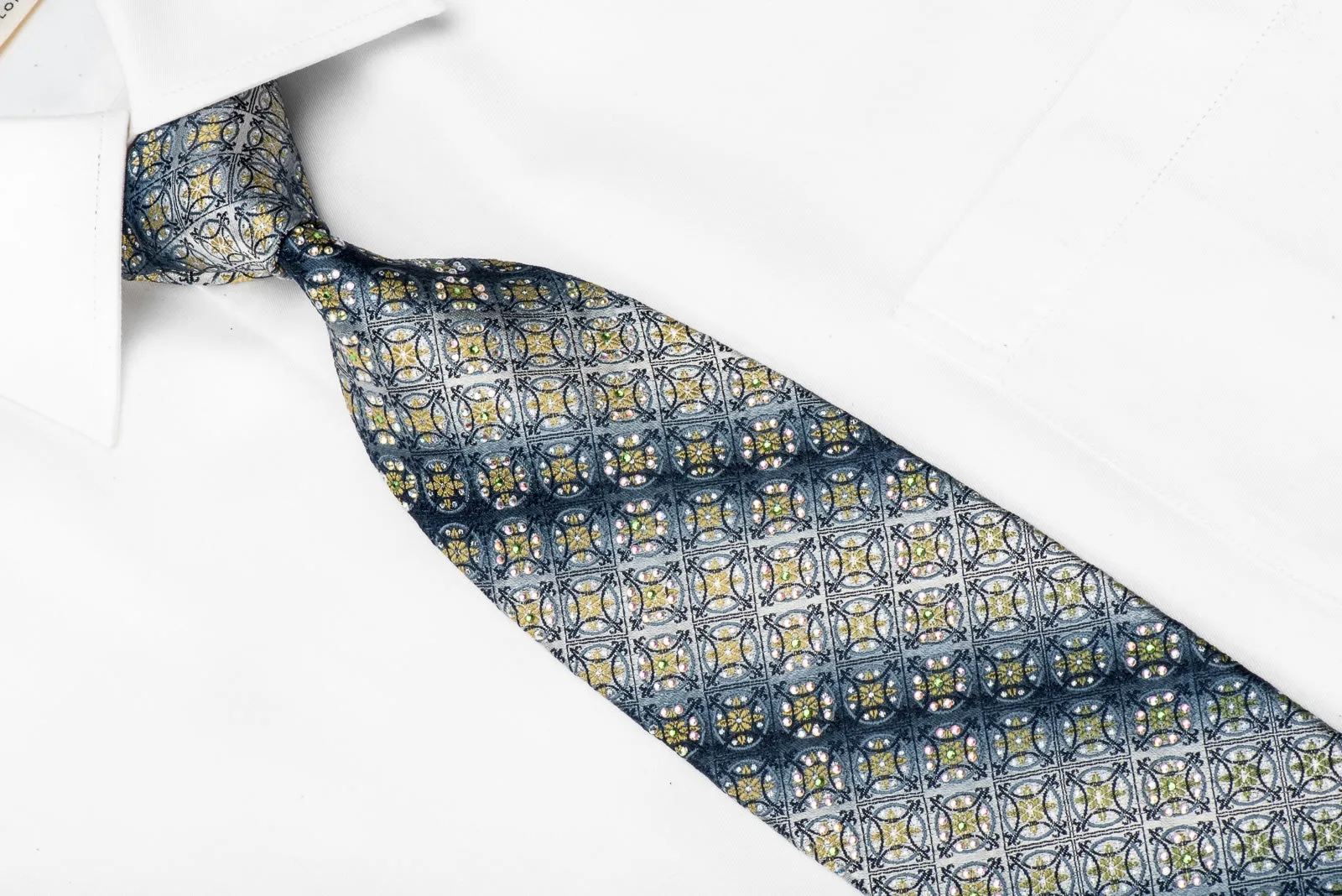 Park Land Men's Crystal Necktie Green Blue Cartouche Geometric On Silver With Sparkles