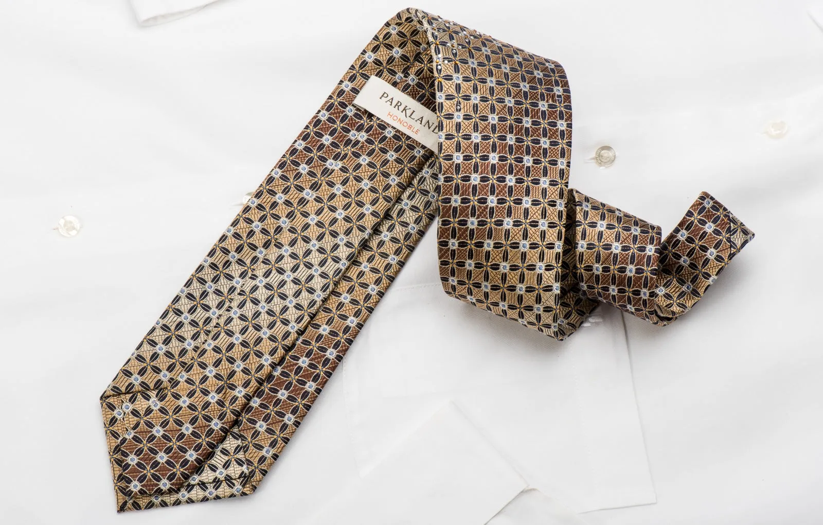 Park Land Men's Silk Necktie Trellis On Beige Brown Sparkling With Rhinestones