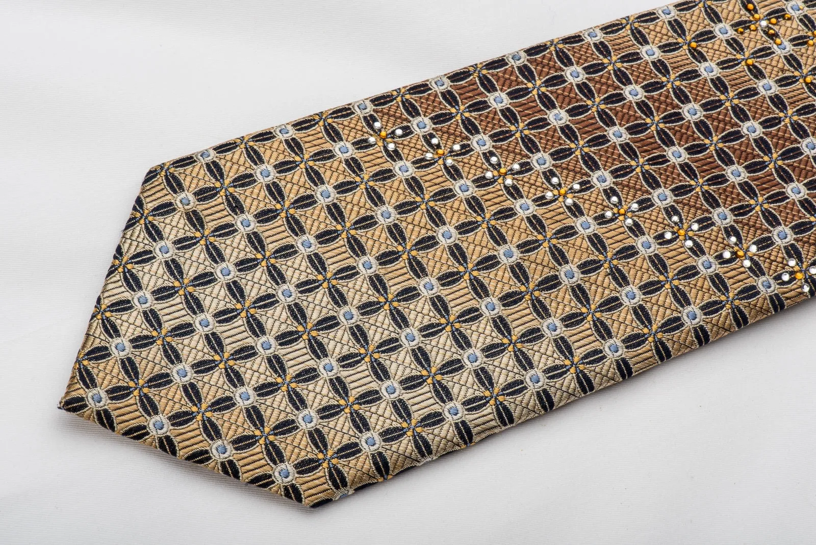 Park Land Men's Silk Necktie Trellis On Beige Brown Sparkling With Rhinestones