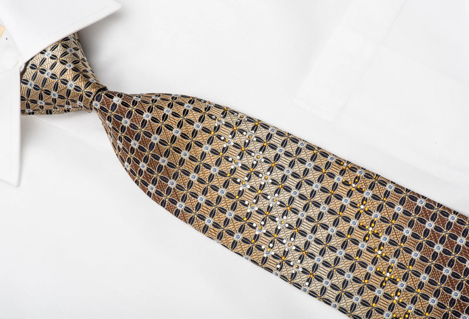 Park Land Men's Silk Necktie Trellis On Beige Brown Sparkling With Rhinestones