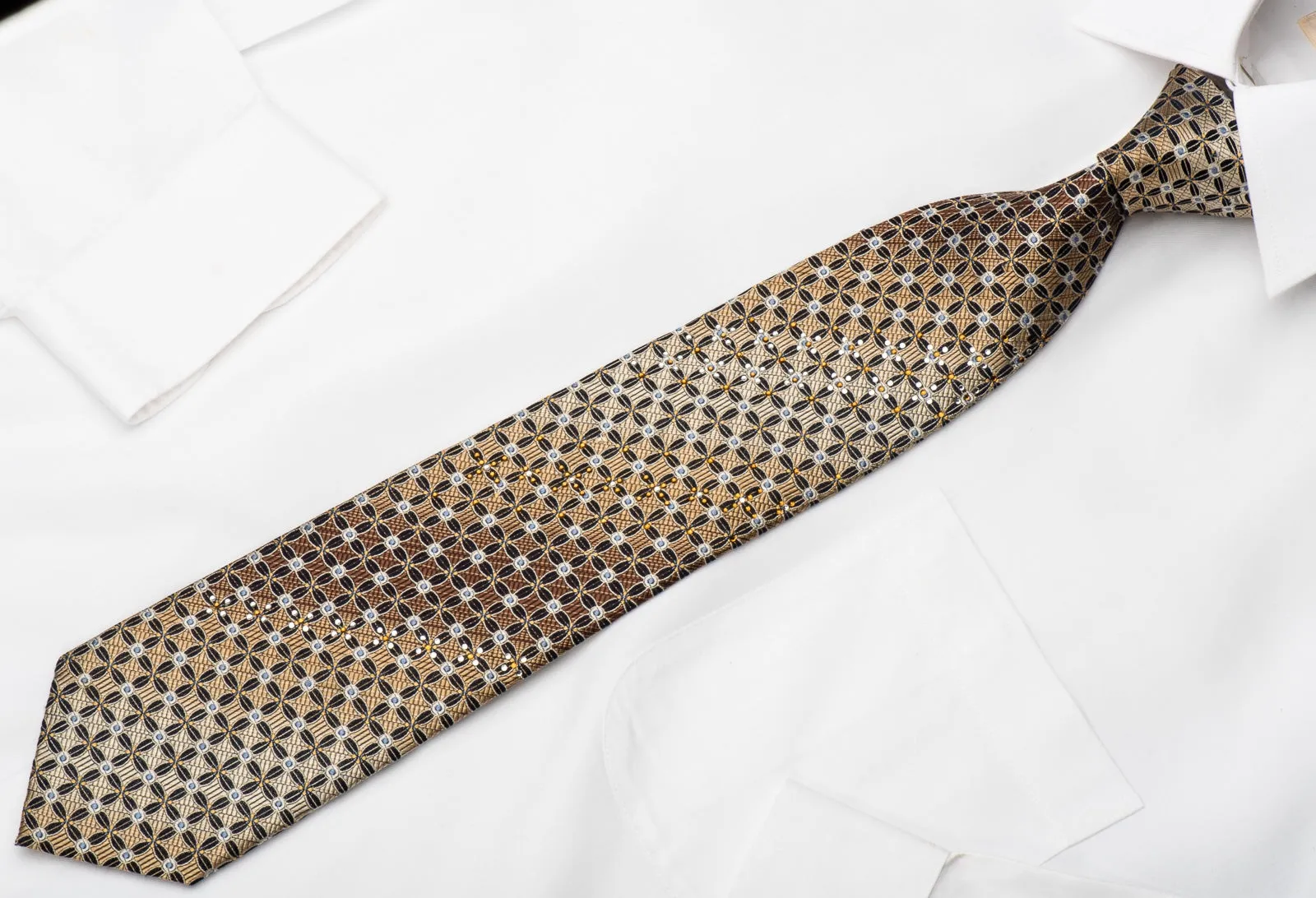 Park Land Men's Silk Necktie Trellis On Beige Brown Sparkling With Rhinestones