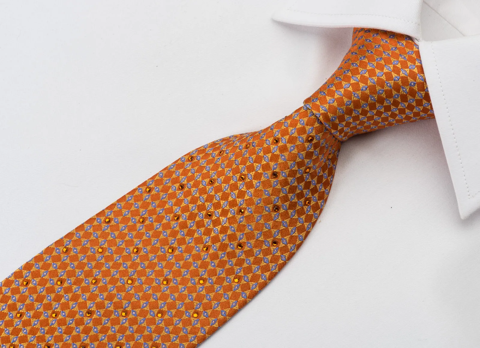 Perry Ellis Rhinestone Necktie Geometric Design On Orange Silk